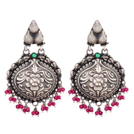 92.5 Sterling silver Earrings Big Floral Deign Engraved Danglers Pink Tourmaline Beads Green Peridot