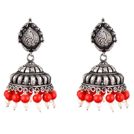 Traditional 92.5 Sterling Silver Earrings  Intricate Carved Jhumkis With Coral And Pearls
