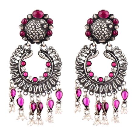 Floral Design 92.5 Sterling Silver Earrings Adorned With Pink Tourmaline Stones