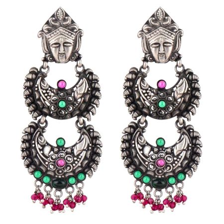 Durga Stud 92.5 Sterling silver Earrings Three Layered Danglers adorned with pink Tourmaline And Green Peridot Stones