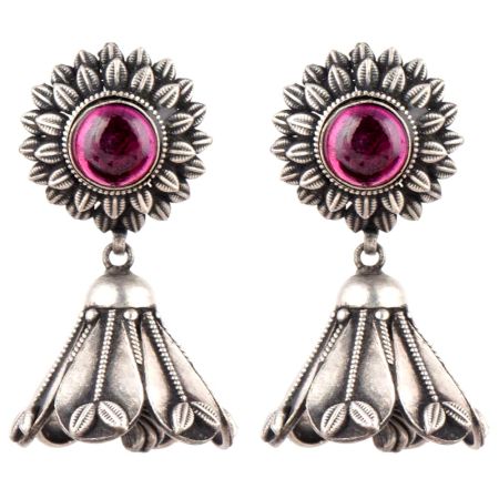 Pink Flower Stud 92.5 Sterling silver Earrings Tourmaline Stone studded Inverted Flower Jhumki