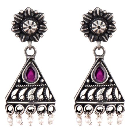 Triangular 92.5 Sterling Silver Earrings With Big Teardrop Amethyst And Pearl Bead Hangings