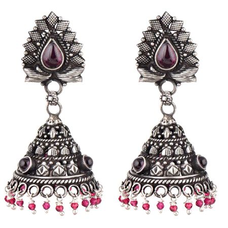 Tribal Floral Stud 92.5 Sterling Silver Earrings Decorated With Amethyst And Pink Tourmaline Bead Jhumki