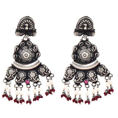 Peacock Stud  92.5 Sterling Silver Earrings Motifs engraved Danglers With Red Chalcedony And Pearl Beads