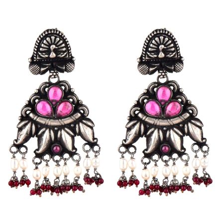 Peacock  Stud 92.5 Sterling Silver Earings Floral Pink Fuchsia Buds Red Chalcedony And pearl Beads Danglers