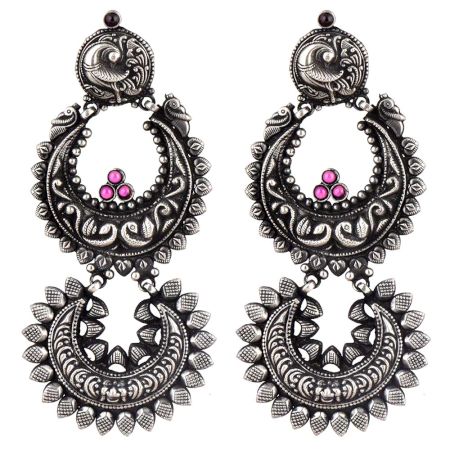 Long Peacock Design 92.5 Sterling Silver Earrings Two Layers Floral Design Pink Fuchsia Chandbali Danglers