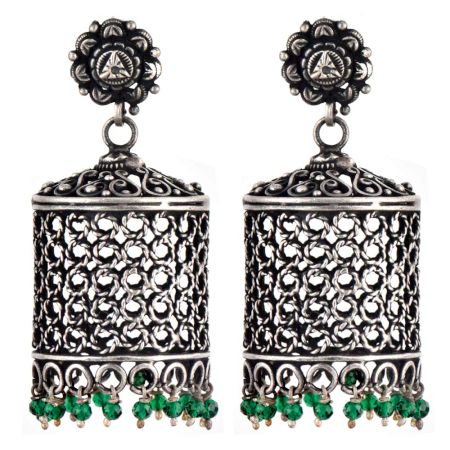 92.5 Sterling Silver Earrings Drum Shaped jali Design With Onyx beads Hangings