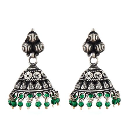 Casual 92.5 Sterling Silver Earrings Engraved Geometric Design Green Onyx Beads Jhumki