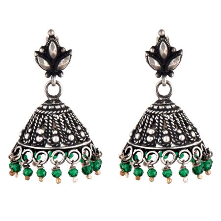 92.5 Sterling Silver Earrings Engraved Floral Stud Green Onyx Beads Jhumki