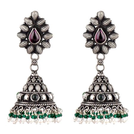 Floral Amethyst 92.5 Sterling Silver Earrings With Green Onyx And Pearl Hangings