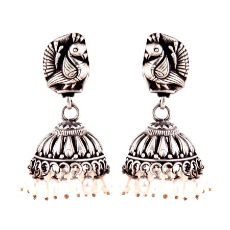 92.5 Sterling Silver Earrings Peacock Engraved Stud Tribal Jhumki Pearl Beads