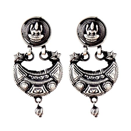 92.5 Sterling Silver Earrings Goddess Laxmi Tribal Geometric Pattern Chandbali Earrings