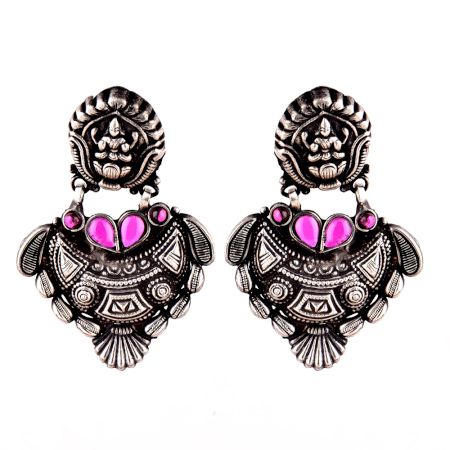 92.5 Sterling Silver Earrings  Lama Stud with Motifs With Fuchsia Jade Stone