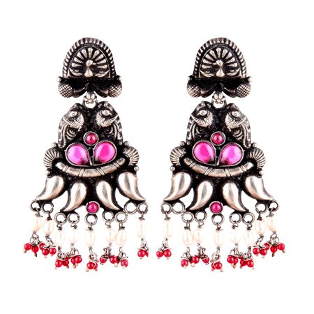 Peacock 92.5 Sterling Silver Earrings tribal Motifs With Peal and Red Coral Stone Tassels