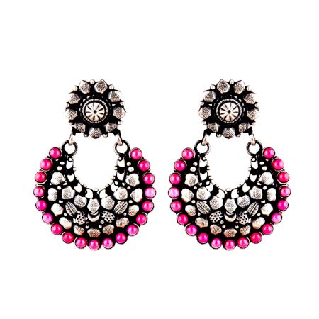 92.5 Sterling Silver Earring Diamond Motifs With Round Pink Jade Chandbali Earrings