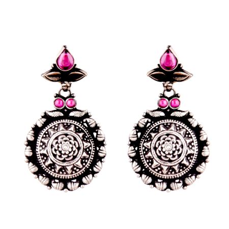 Black Round Star 92.5 Sterling Silver Earrings Embossed Pink Jade Studded Danglers