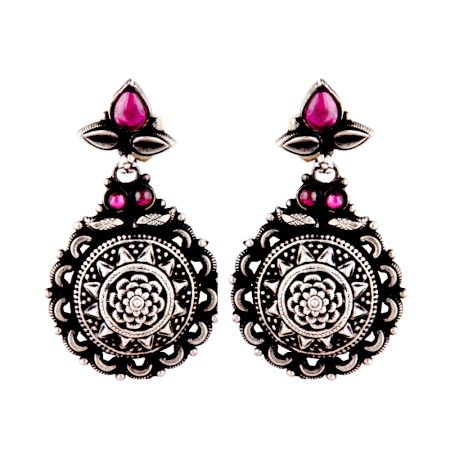 Oxidized 92.5 Sterling Silver Earrings Starry floral Pattern Studded pink jade Danglers