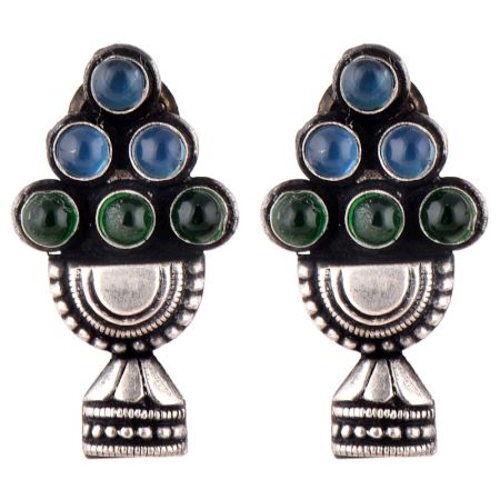 92.5 Sterling Silver Earrings With Blue Topaz And Green Onyx Stones Jhumkis