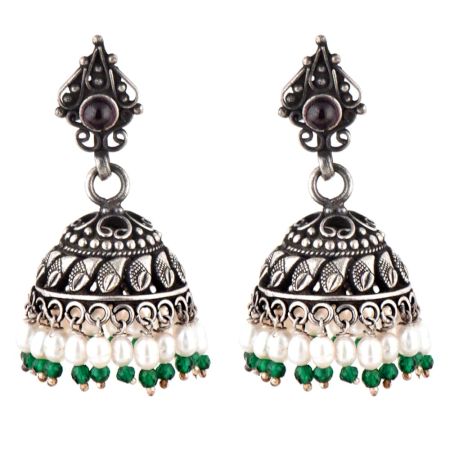 Black Oxidized 92.5 Sterling silver Earrings Tribal Carvings And Design With Pearl Green Onyx Beads Tassels