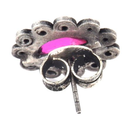 92.5 Sterling Silver Earrings Studded With Big Oval Amethsyt Stone with Floral Pattern Border