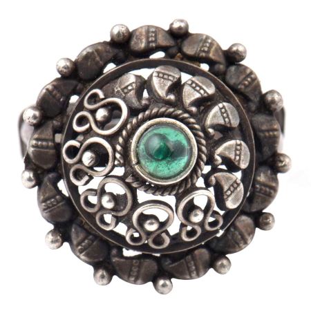 Adjustable 92.5 Sterling Silver Ring Oxidized With Onyx Stone Paisley Motif Design
