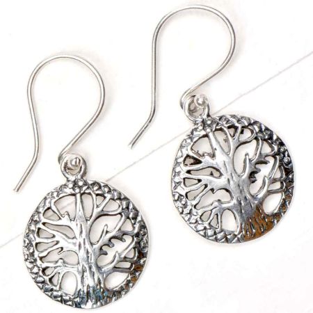 Round 92.5 Sterling Silver Earrings Old Tree of Life Motif With Cross stitch Design Border