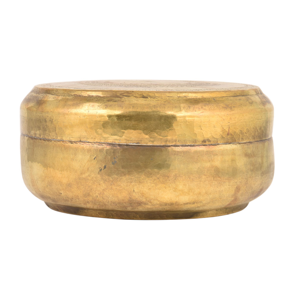 Round Brass Tiffin Box Flower Design In Centre Of Lid