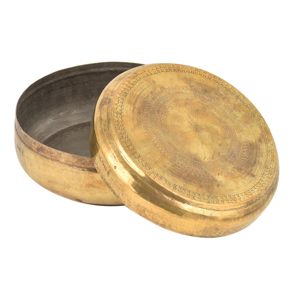 Round Brass Tiffin Box Flower Design In Centre Of Lid