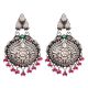 92.5 Sterling silver Earrings Big Floral Deign Engraved Danglers Pink Tourmaline Beads Green Peridot