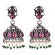 Amethyst Studded 92.5 Sterling Silver Earrings Oxidised Jhumki With green Peridot And Pearl Tassels