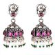 Amethyst Studded 92.5 Sterling Silver Earrings Oxidised Jhumki With green Peridot And Pearl Tassels