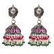 Dual Fish Engraved 92.5 Sterlling Silver Earrings Pink Tourmaline And Green Onyx Stone Jhumki