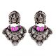 92.5 Sterling Silver Earrings  Lama Stud with Motifs With Fuchsia Jade Stone