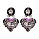 92.5 Sterling Silver Earrings  Lama Stud with Motifs With Fuchsia Jade Stone