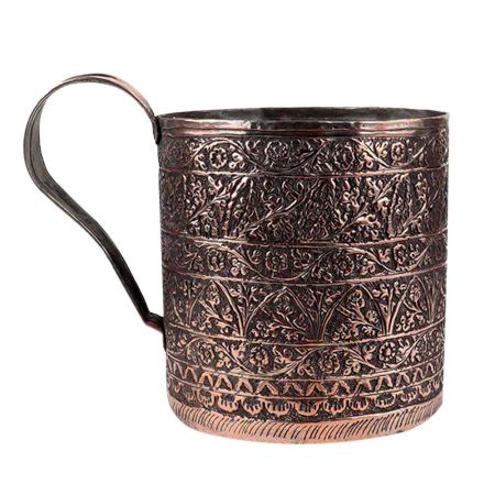 Copper Cup With Chiseled Floral Decoration And a wide Handle