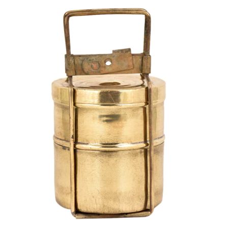 Golden Brass Tiffin Box With Two Container And Brass Strap Frame