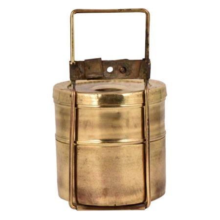 Brass Tiffin Box With Two Compartment And A Brass Strap Frame