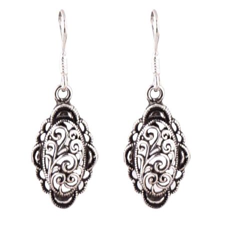 92.5 Sterling Silver Earrings Floral Pattern Filigree Drop Danglers