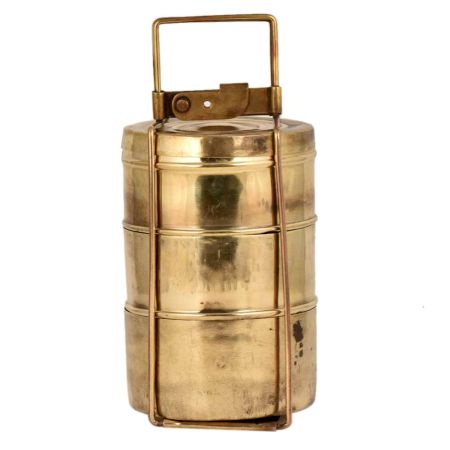 Golden Brass Tiffin Box With Three Compartments With Traditional Lock