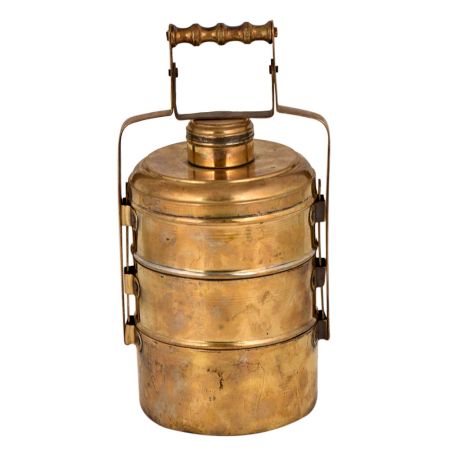 Brass Tiffin Box With Three Containers Small Box Decorative Metal Handle