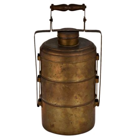 Brass Three Tiffin Box With Adjustable Handle And A Small Box On Top