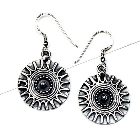 Round 92.5 Sterling Silver Earrings Wheel Design Engraved Drop Earrings