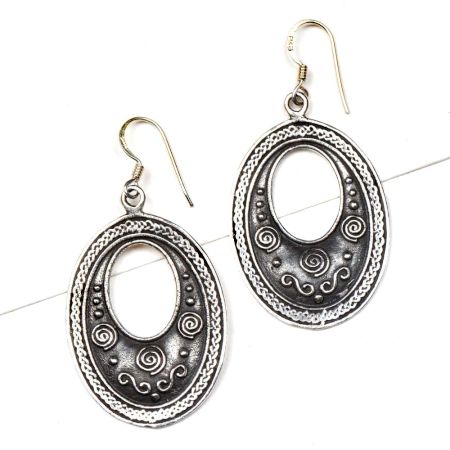 Tribal Oval 92.5 Sterling Silver Earrings Cut Design