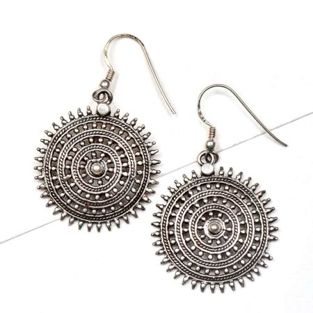 Round Sun 92.5 Sterling Silver Earrings Filigree Starry Pattern Dangle Earrings