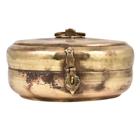 Round Brass Tiffin Box With Lid Heart Carving With Latch
