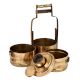 Golden Brass Tiffin Box With Three Container And Decorative Handle On Frame