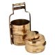 Golden Brass Tiffin Box With Three Container And Decorative Handle On Frame