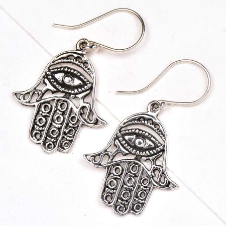 Hamsa Hand 92.5 Sterling Silver Earrings Evil Eye Engraved Earrings