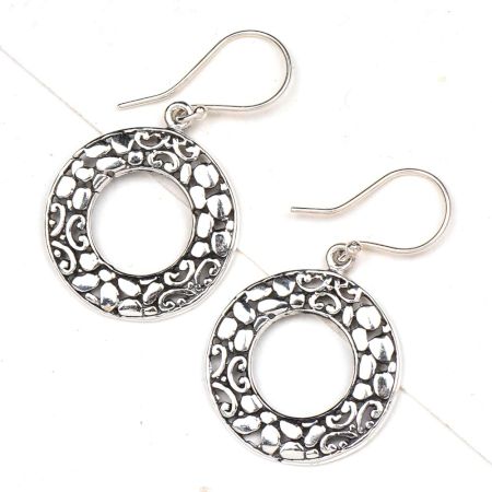 Fashionable Loop 92.5 Sterling Silver Earrings With Engraved Floral Design