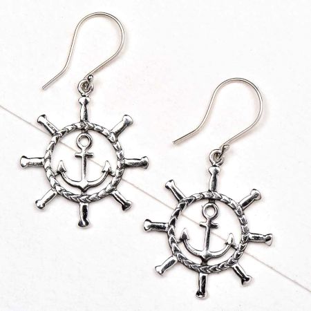 92.5 Sterling Silver Anchor With Ship Wheel Earrings
